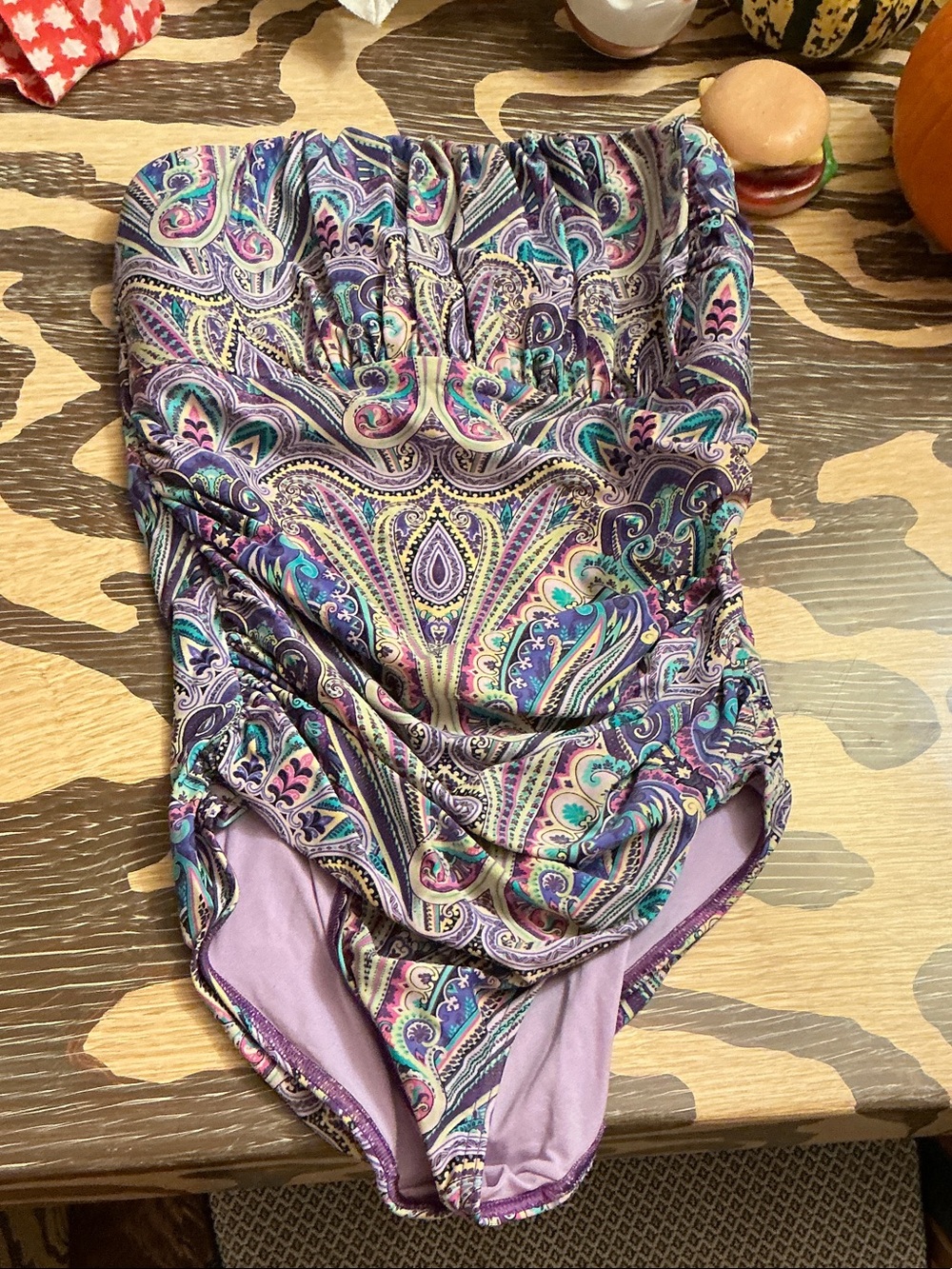 Strapless Bandeau Swimsuit in Purple Paisley